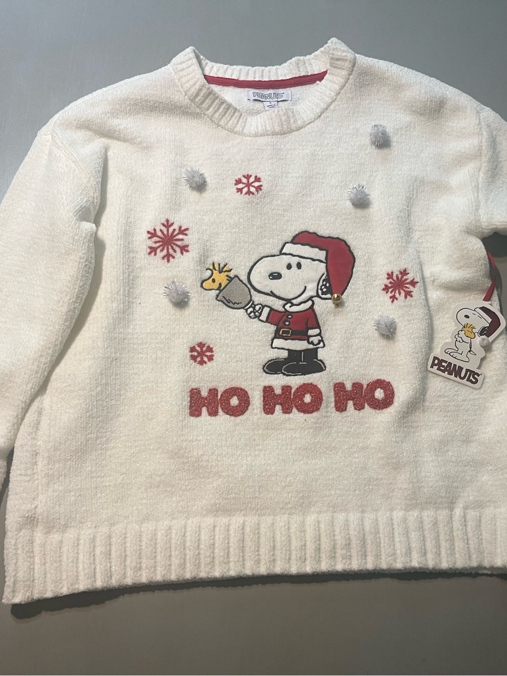 Peanuts White Crewneck Sweater with Red Snoopy Holiday Design - Men